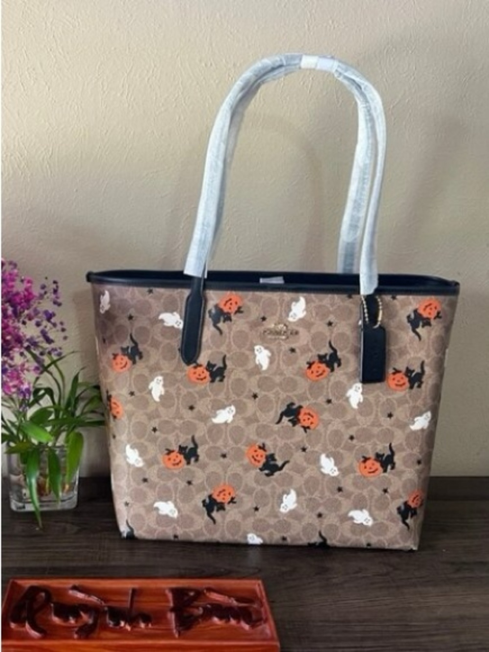 Coach Brown Halloween Print Tote with Black Handles and Orange Accents